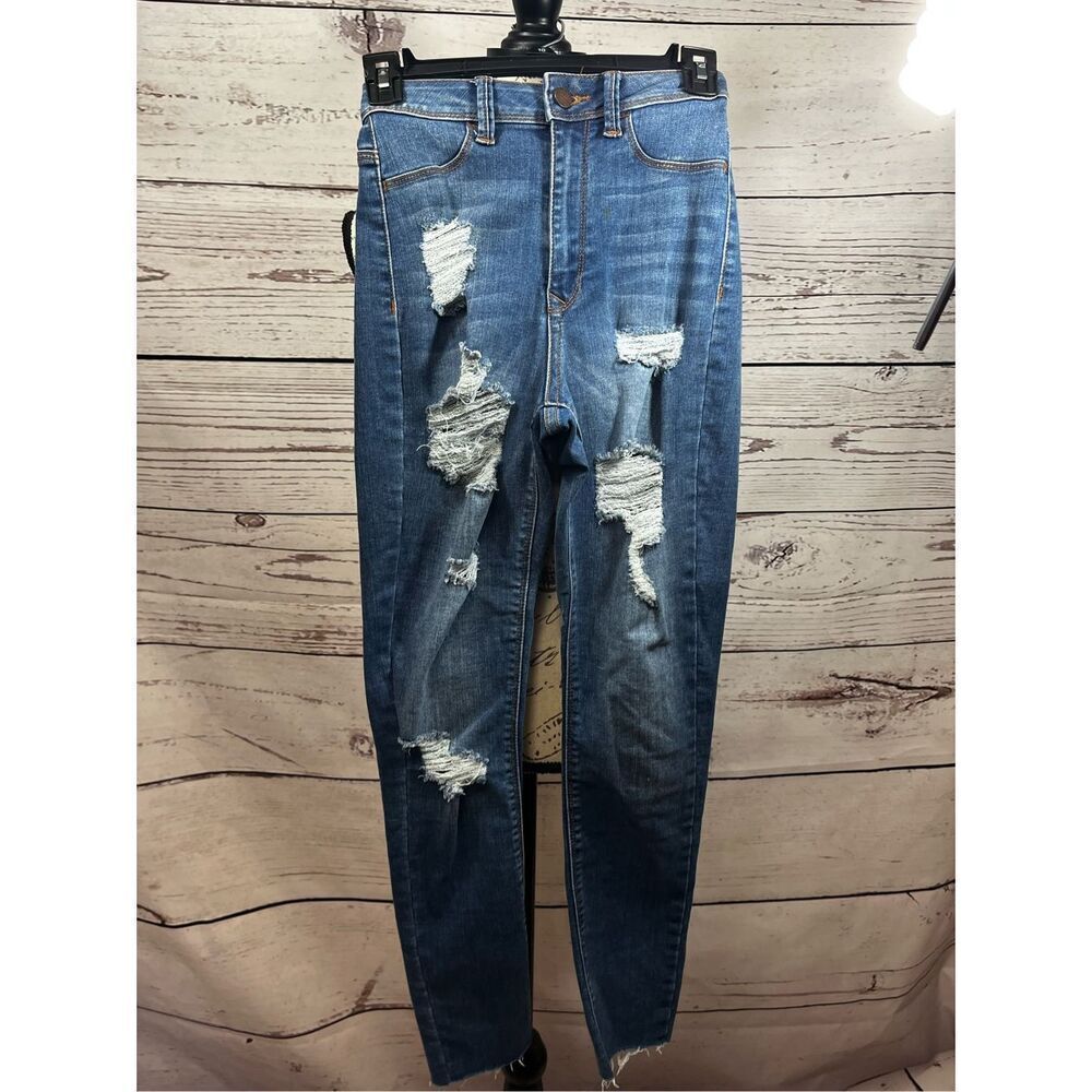 Fashion Nova Aphrodite AP Blue Distressed High Waisted Skinny Jeans Blue Size 3